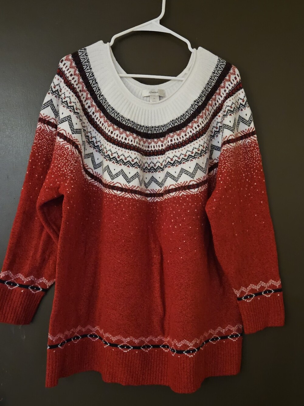CJ Banks Red, White & Black Fair Isle Crewneck Pullover